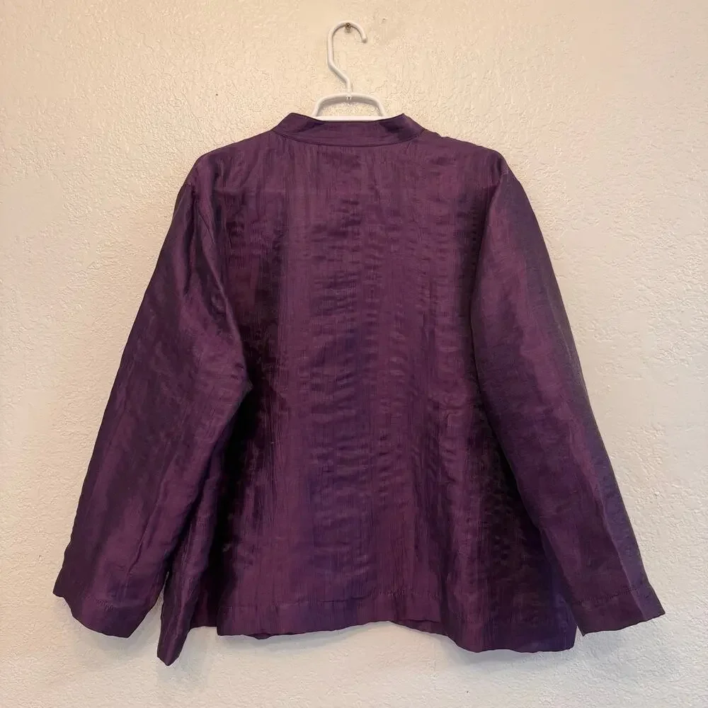 Citron Purple Linen Textured Mandarin Collar Frog Closure Jacket Top Lagenlook